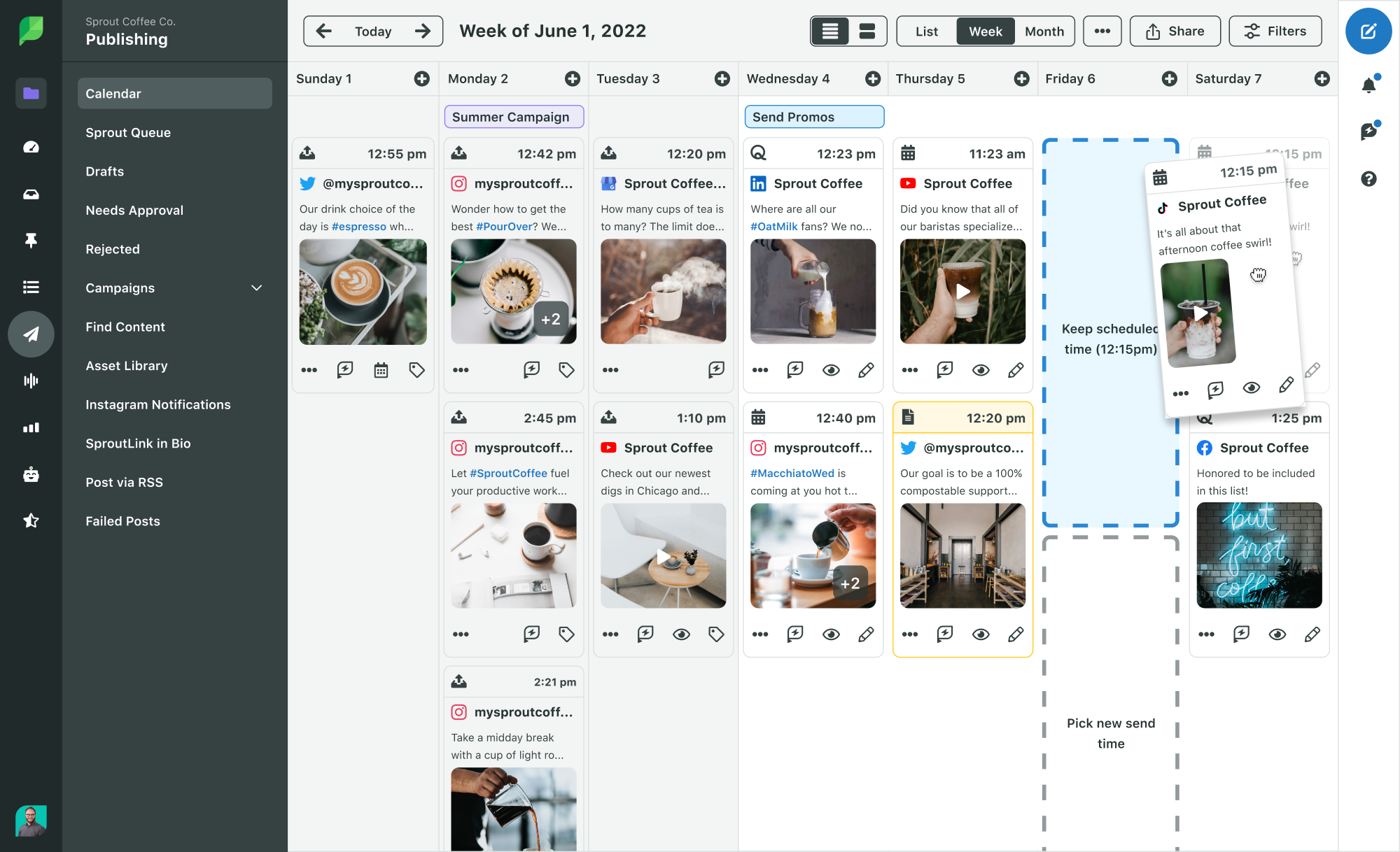 The publishing calendar in Sprout Social where posts are being dragged and dropped into different days.