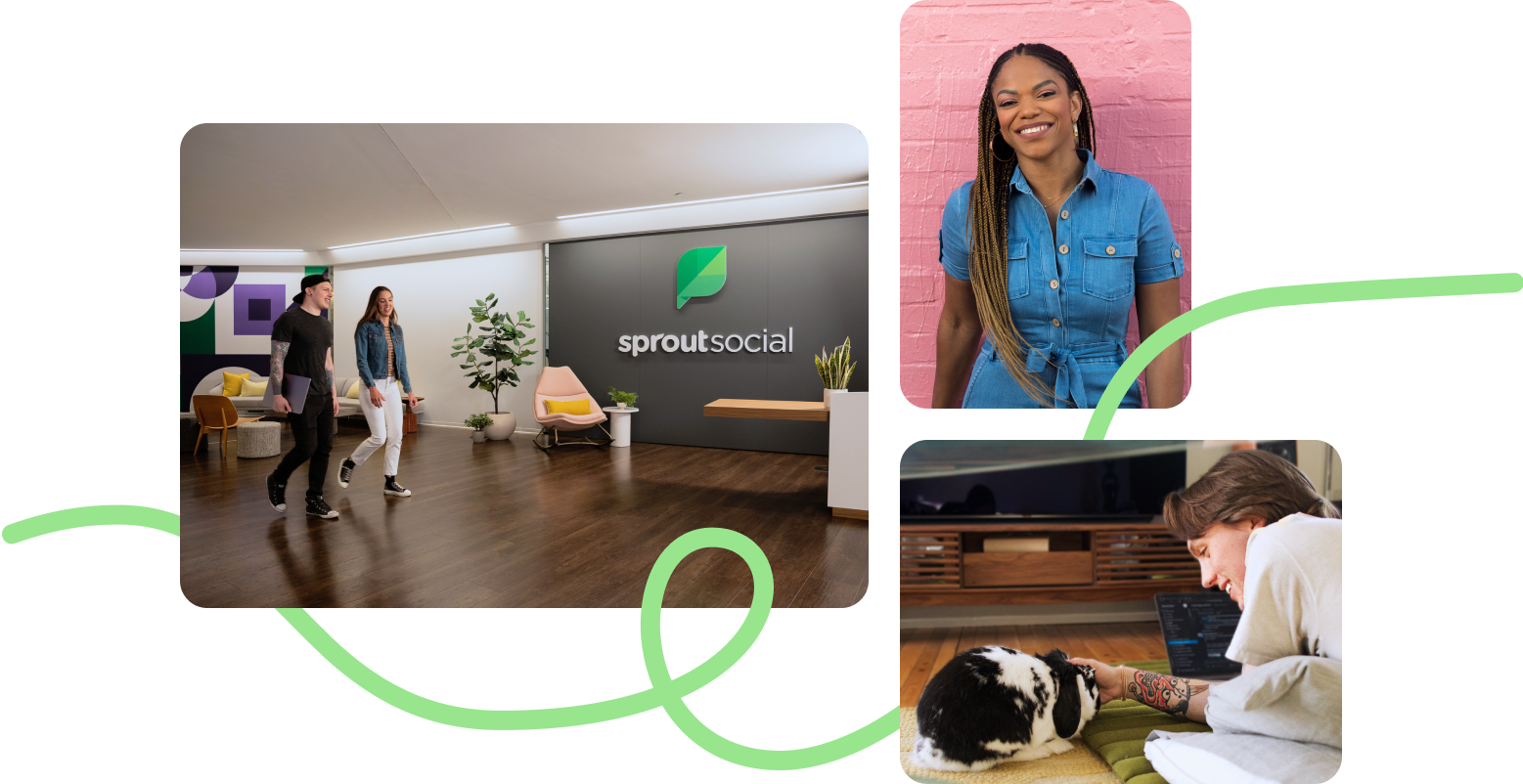 Diverse Sprout employees smiling and connecting in their various office and home work spaces.