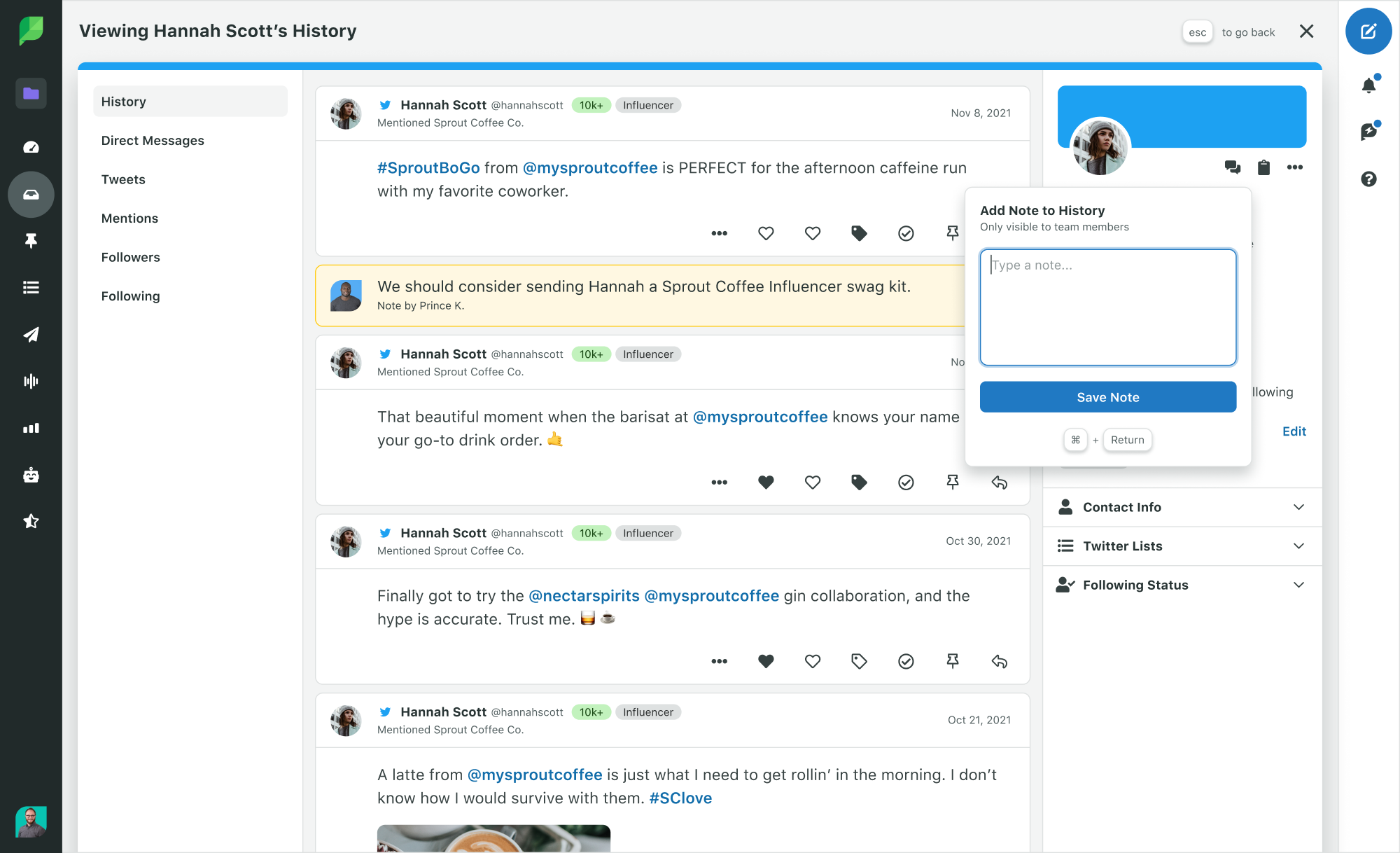 Sprout Social Product Image of Engagement Contact View with Twitter Conversation History Add Note