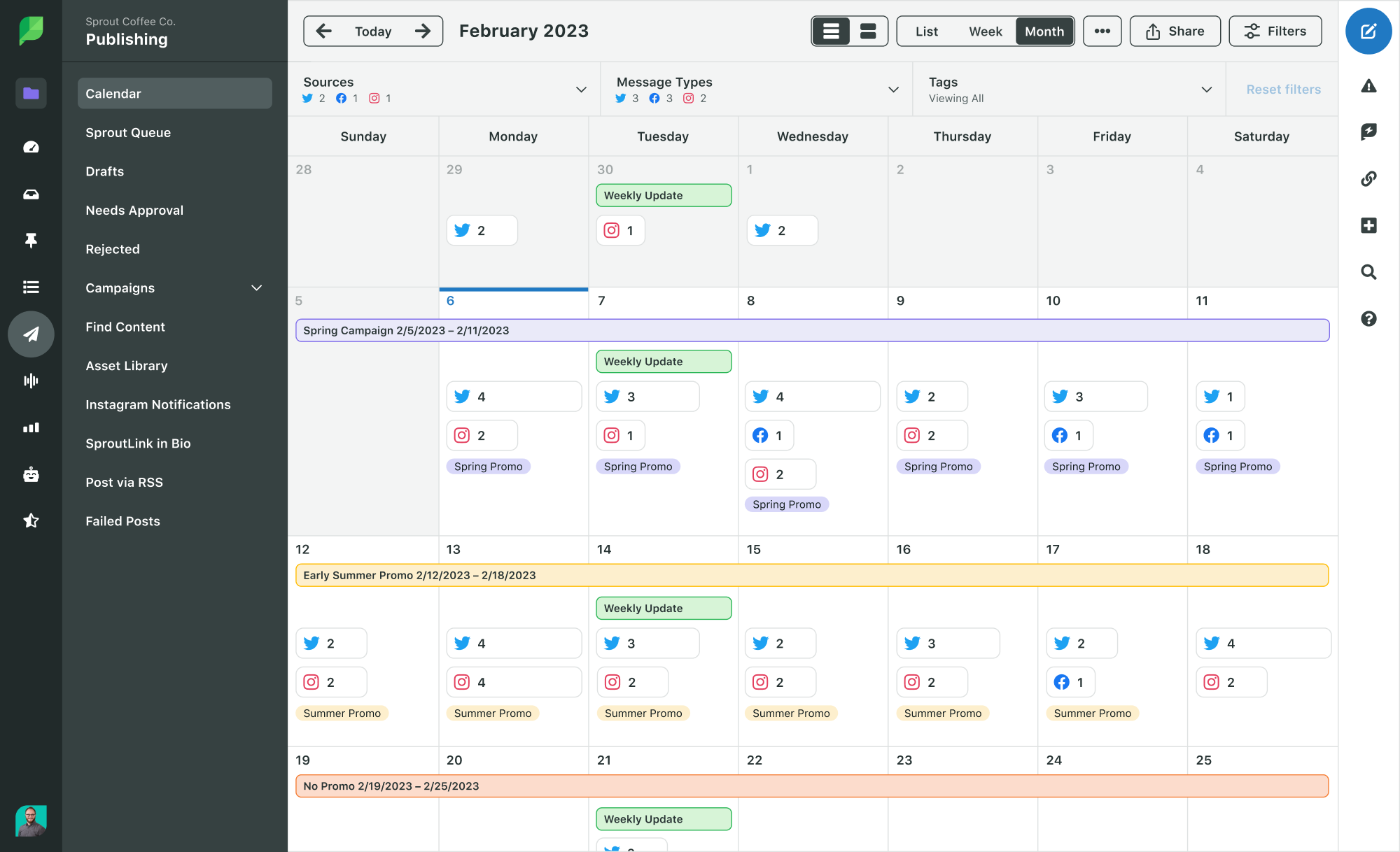 A preview of Sprout Social's publishing calendar in month view. The calendar shows scheduled posts and campaigned across networks.