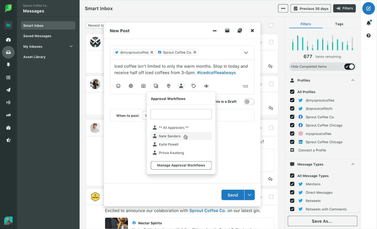 Product screenshot of Sprout’s advanced approval workflows available in the Compose publisher.