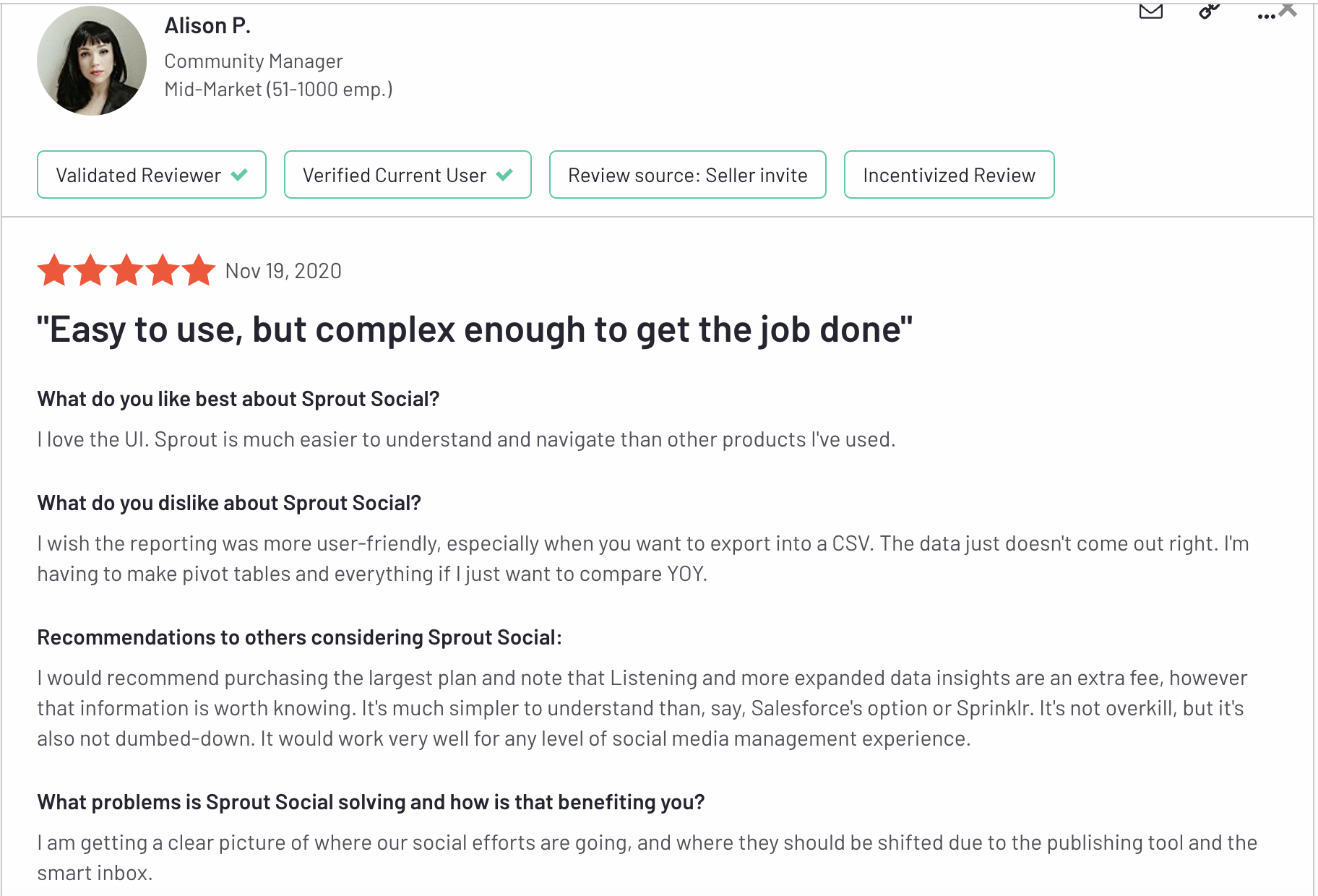 A positive review about Sprout Social from a G2 reviewer. The reviewer refers to Sprout Social as, "user-friendly."