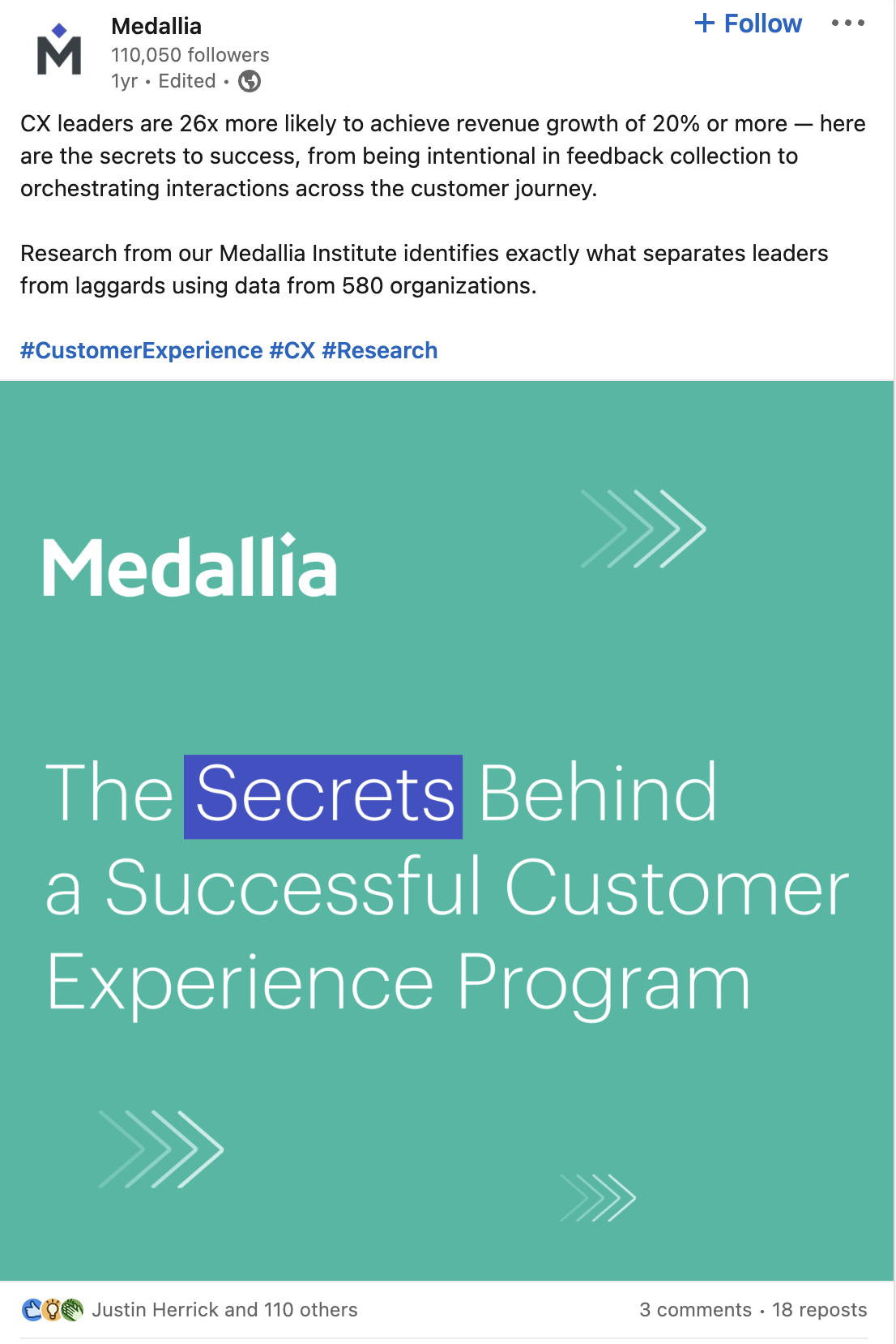 LinkedIn carousel post from Medallia launching a CX program