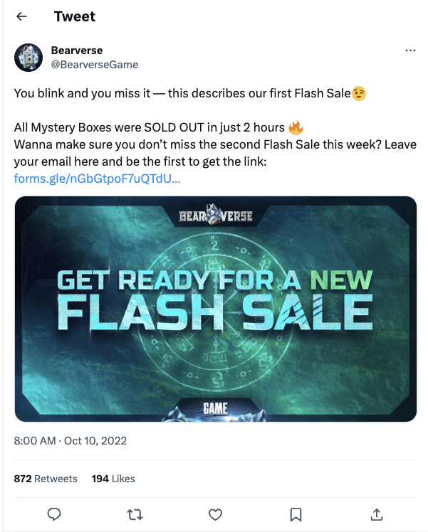 Bearverse Flash Sale Tweet