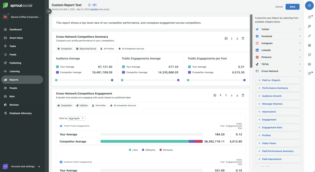 A screenshot of a custom report in Sprout where the Cross-Network Competitors Summary widget and Cross-Network Competitors Engagement widget have been selected for the custom report to highlight competitor performance. 