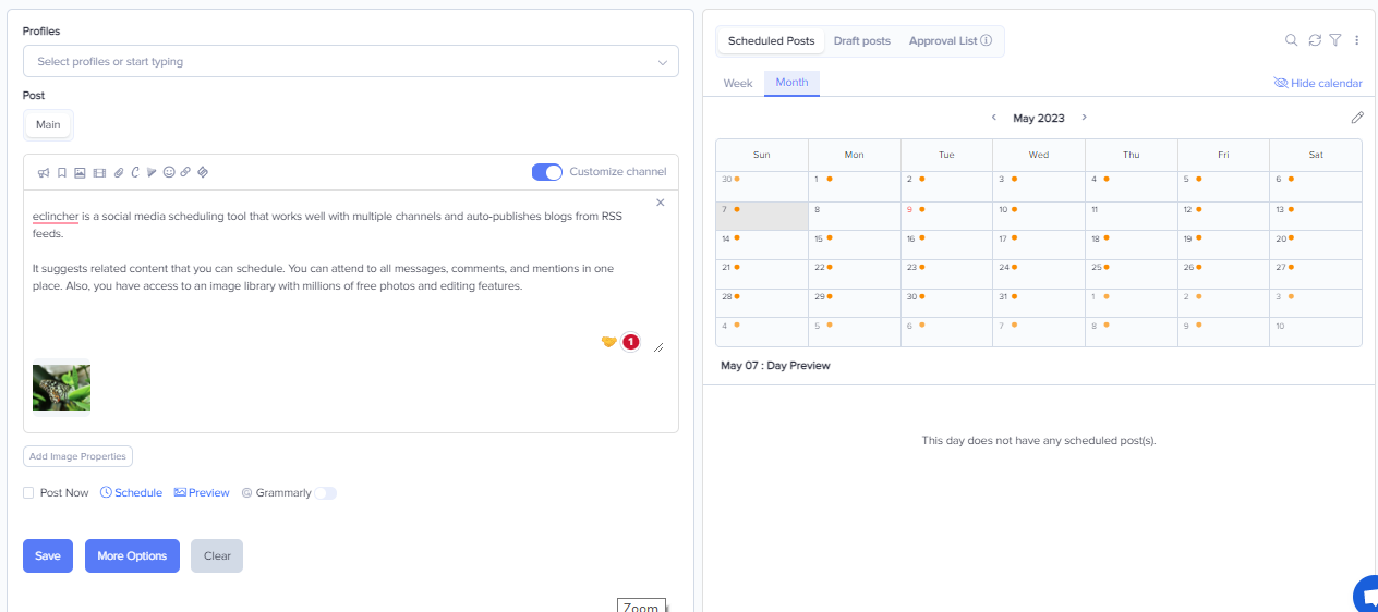 Dashboard of the social media scheduling tool, eClincher