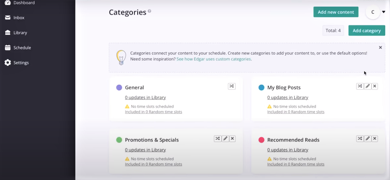 Dashboard of the social media scheduling tool, Meet Edgar