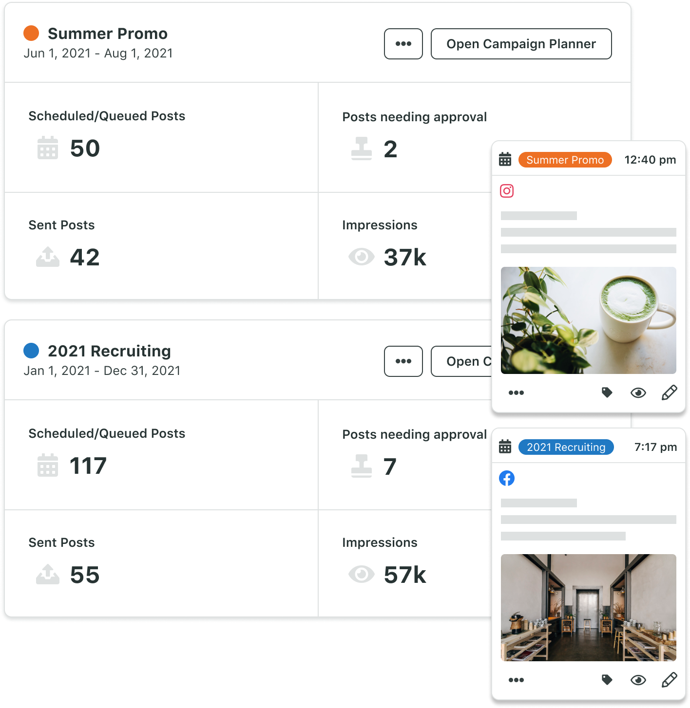 Monitor the content and performance of multiple campaigns simultaneously, with options to preview published and scheduled posts in your content calendar.